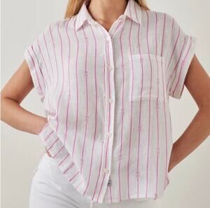 Rails Whitney linen blend white & pink striped w/ pineapples top coastal Beachy